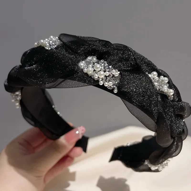Korean Double Pearl Rhinestone Headband Lace Braided Hairband Hair Hoop Bezel Crystal Headbands for Women Girl Hair Accessories D260326