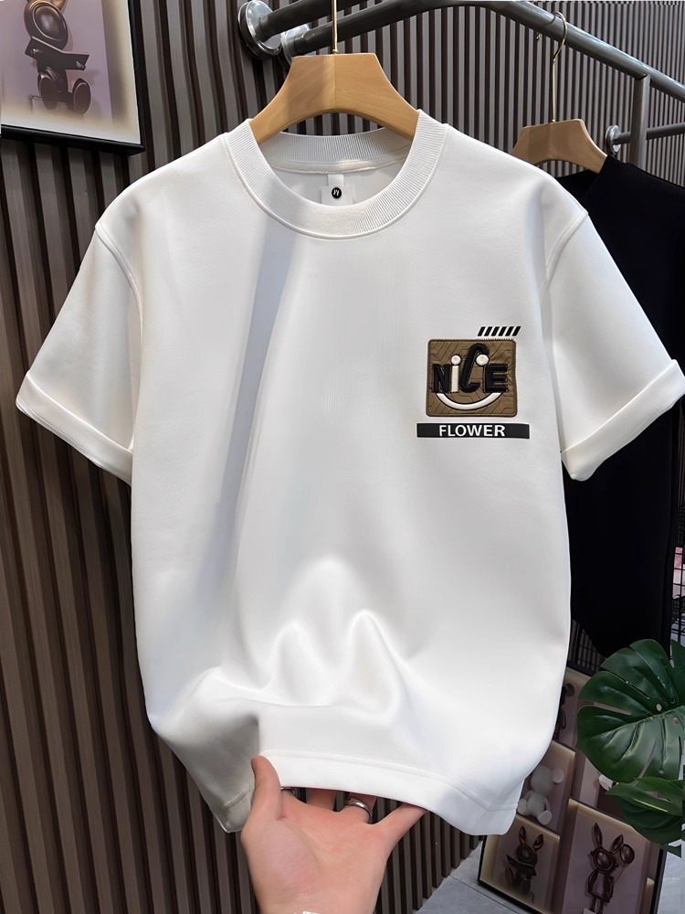 Men's Heavyweight Vintage American High-Street T-Shirts | Letter Graphic Crew Neck Stylish Versatile Casual Short Sleeve Tops