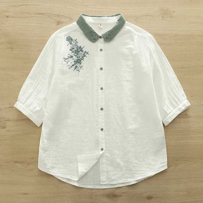 New 2025 Autumn Cotton Yarn Half Sleeve Shirt Women Turn-down Collar Embroidery Mori Girl Retro Casual Loose Blouse T56292CC C260326