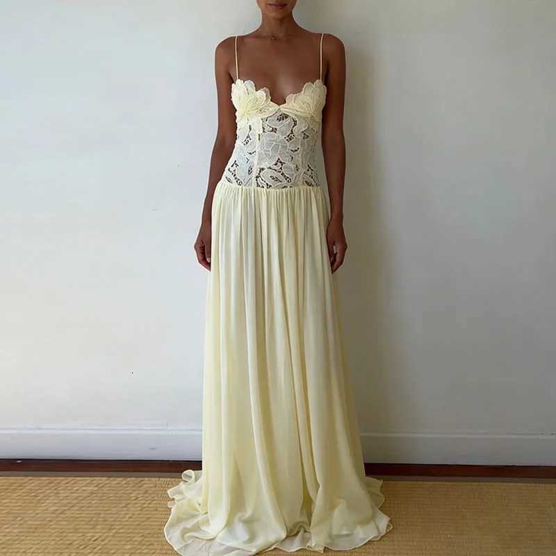 Elegant Pure Color Chiffon Dress Sexy Lace Spliced Mesh Pleated Evening Dress Fashion Hollow Out Sleeveless Halter Banquet Dress X260326