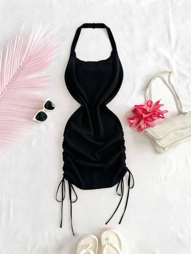 Womens Sexy Summer Light Blue Mini Dress Halter Neck Sleeveless Sundress Ruched Side Drawstring Elastic Ribbed Knit Party Dress M260326