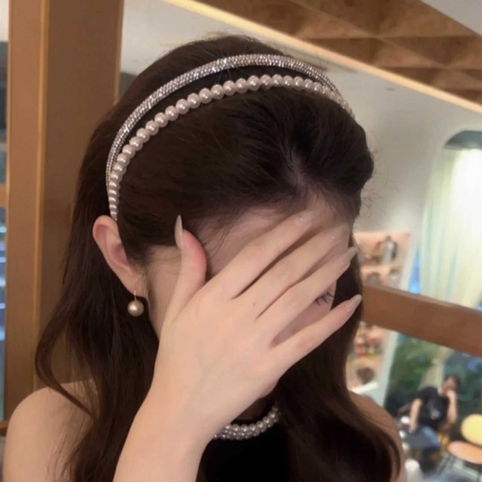 1PC Fashionable Double-Layer Imitation Pearl Rhinestone Hair Hoop for Women - High-End Rhinestone-Inlaid Versatile for Outing D260326