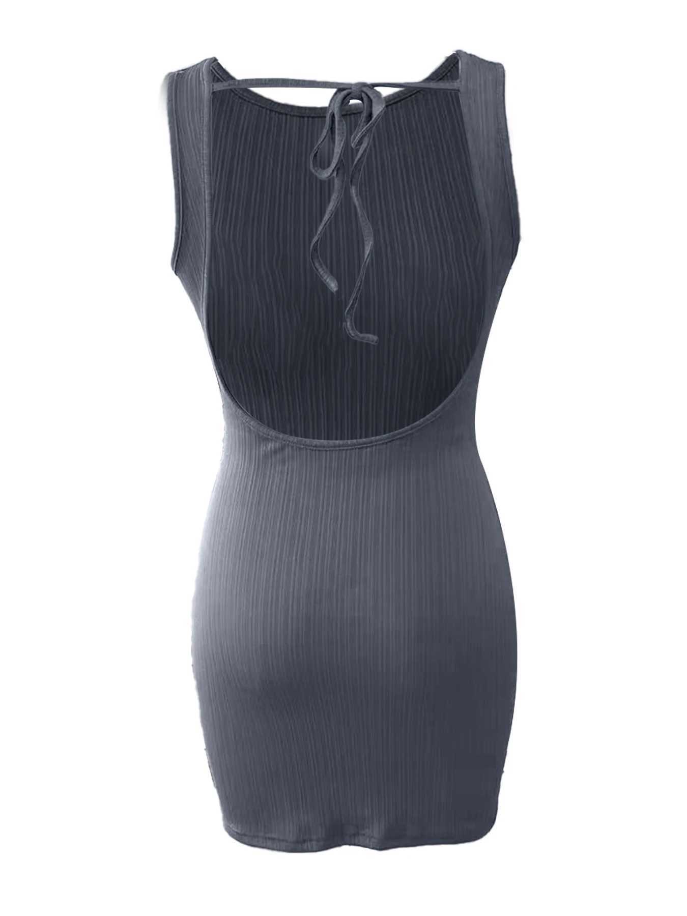 Womens solid color striped sexy backless sleeveless lace up dress M260326