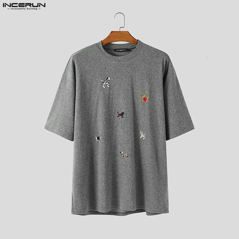 INCERUN Men T Shirt Embroidery O-neck Short Sleeve Casual Male Tee Tops Streetwear Loose Korean Style Fashion Men Clothing S-5XL C260326