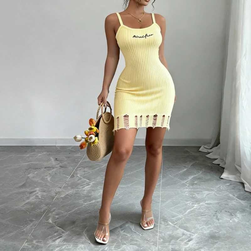 Womens Pink Spaghetti Strap Sleeveless Sundress Stretchy Ribbed Knit Distressed Letter Bodycon Mini Dress Summer Party Dress M260326