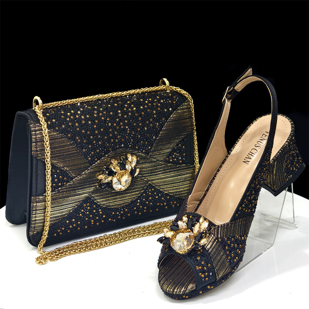 Low high heels Italian African womens shoes and bags mature gold style high quality party decals 241024