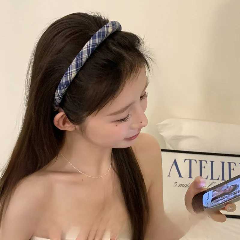 2025 Korea Cute Blue Plaid Hairbands Headband Women Children Girls Scrunchie Hair Head Hoop Bands Accessories Headdress Headwear D260326