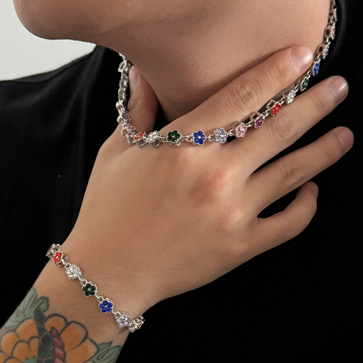 Men's Colorful Floral Necklaces Hip-Hop-Style Luxury Collar Chains Minimalist Niche Bracelets Trendy Men's Accessories