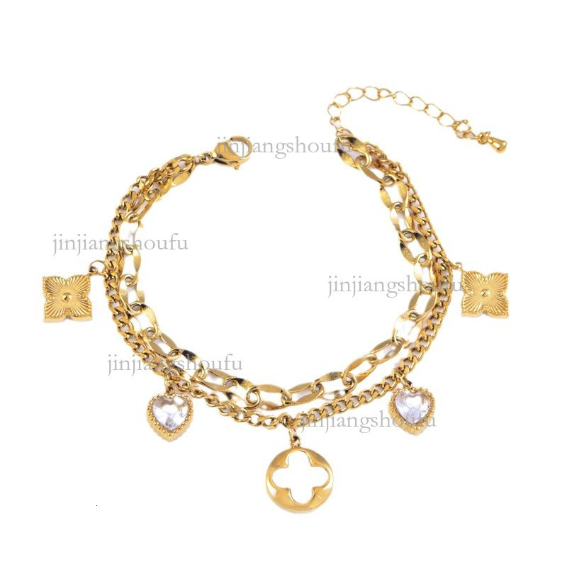 Designer Bracelet Luxury Women's Jewelry Fashion Trend Stainless Steel Color Preserved White Shell Five Leaf Flower Sticky Diamond Double Layer S