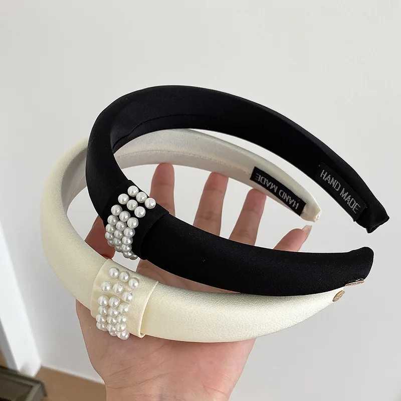 Korean Pearl Satin Headbands for Women Elegant Black White Wide Side Elastic Sponge Thick Headdress Wedding Hair Accessories D260326