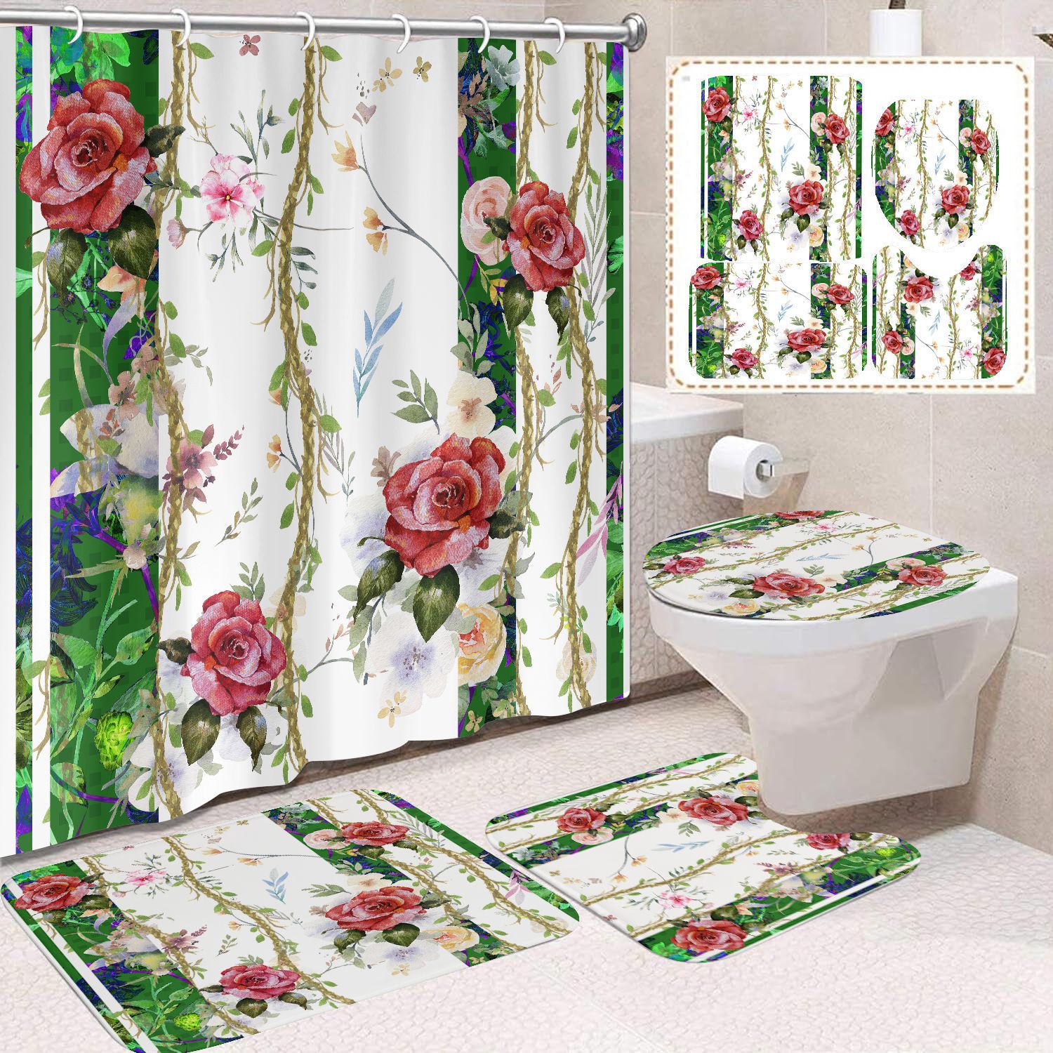 YL-38395 Floral Shower Curtain and Mat Set (4 Pieces) - Bathroom Dry and Wet Separation, Toilet Isolation Curtain, Modern Minimalist Style