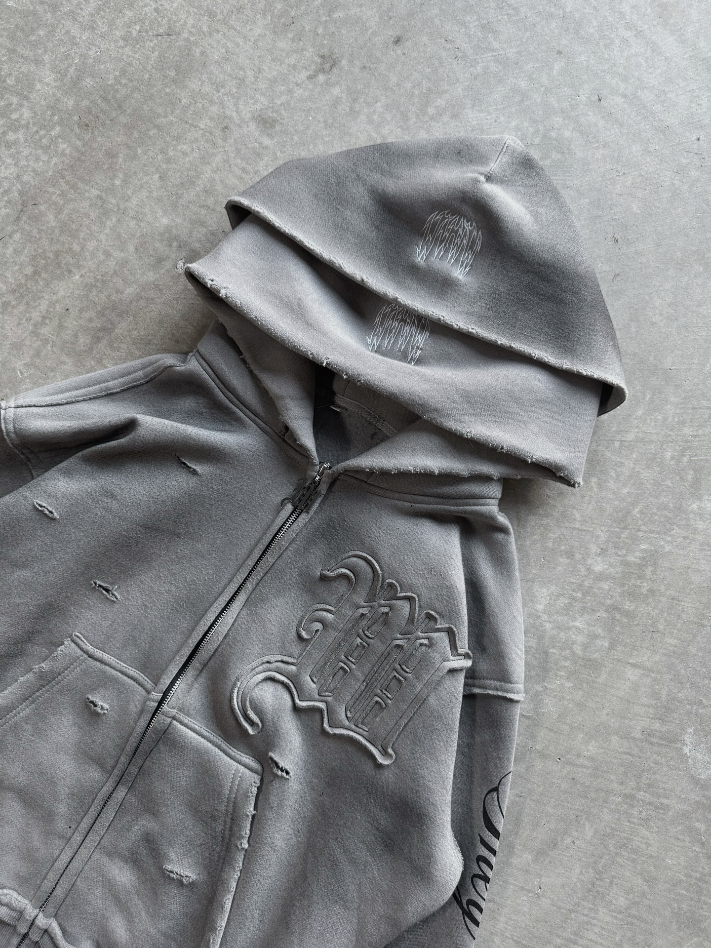 Grey Distressed Embroidery Hoodies Tracksuit Set Men Women Streetwear Oversized Hoodie & Pants Edgy Casual Two-Piece Outfit
