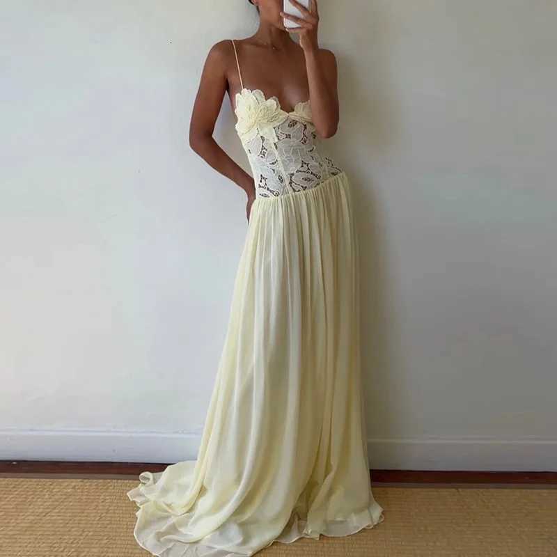 Elegant Pure Color Chiffon Dress Sexy Lace Spliced Mesh Pleated Evening Dress Fashion Hollow Out Sleeveless Halter Banquet Dress X260326