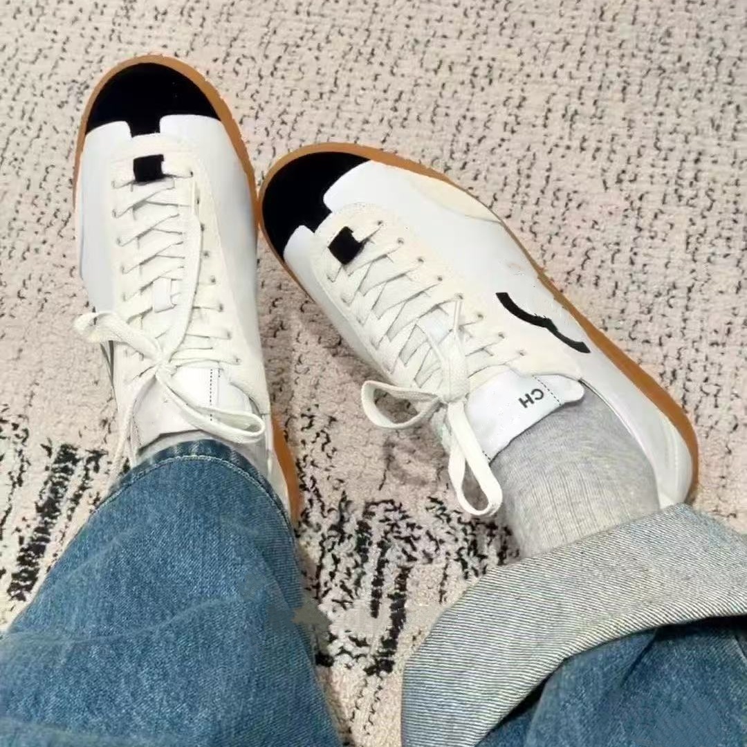 Women's Luxury Designer Leather & Suede Sneakers CC Logo Black White Retro German Army Style Trainers Gum Sole Casual Lace-Up Comfort Walking Shoes 35-42