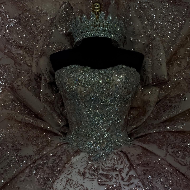 Pink Ball Gown Quinceanera Dresses Sequin Applique Lace Beading Crystal Bow Tull Corset Off Shoulder Sweet 16 Dress Vestidos 15 De Anos
