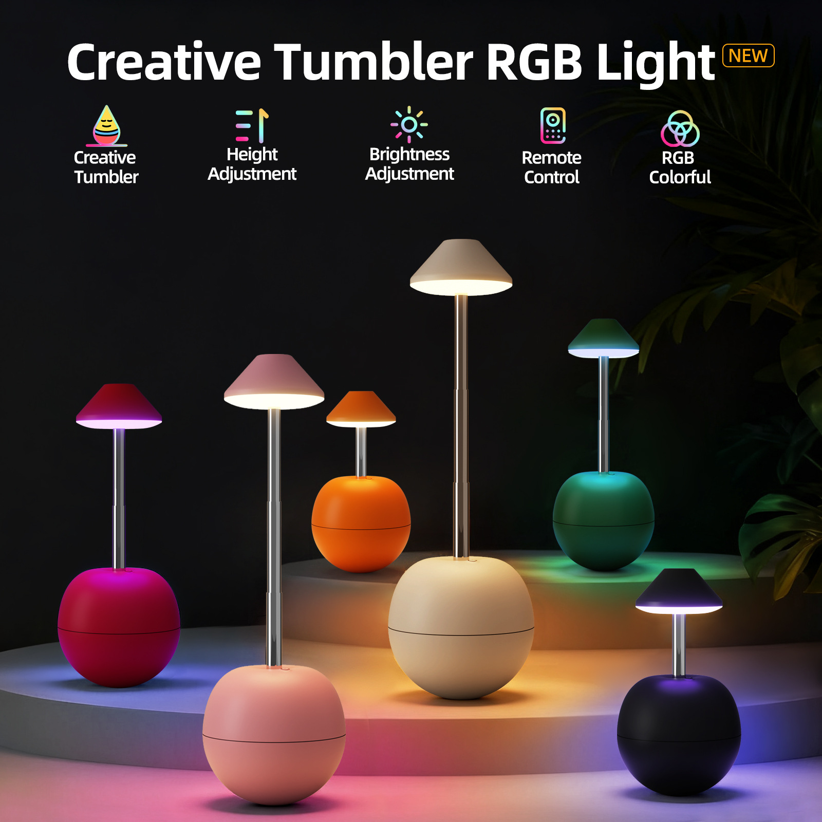 Creative Tumbler RGB Table Lamp, Rechargeable Remote Control Height Adjustable Night Light, Bedroom Desktop Atmosphere Decor Lamp