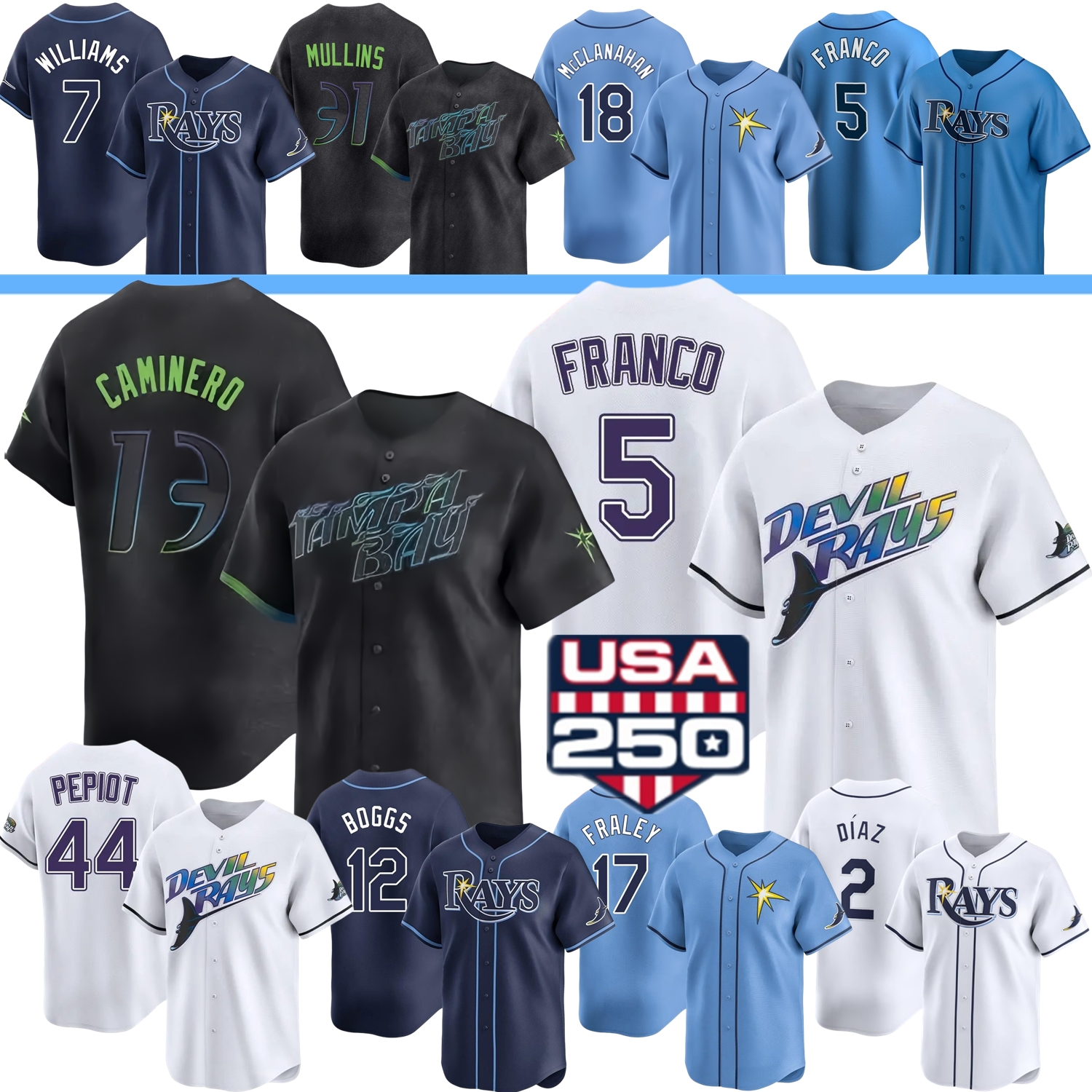 2026 Rays Baseball Tampa BayS Jersey Junior Caminero Wander Franco Carson Williams Shane McClanahan Cedric Mullins Wade Boggs Yandy Diaz Jacob Melton Pepiot Malloy
