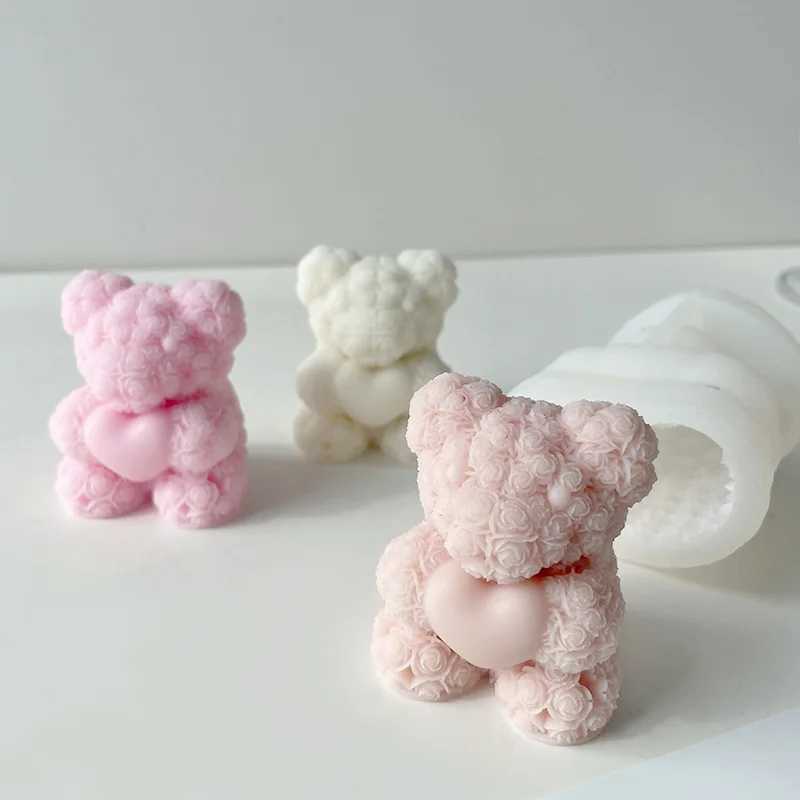 Valentines Day Love Rose Bear 3D Candle Silicone Mold DIY Bears Handmade Soap Plaster Aroma Candle Mold Home Decor Crafts H260326