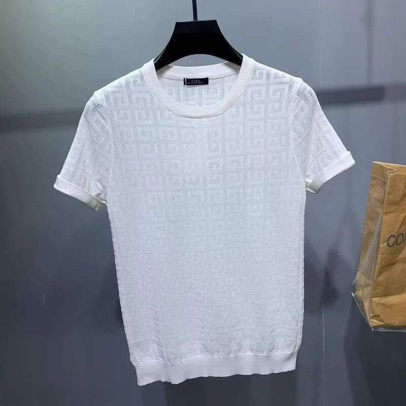 2026 Summer New Arrival Mens Slim Fit Round Neck Knit Short Sleeve T-Shirt Fashionable Ins Trend Hollow Out Solid Color Top Asia Size