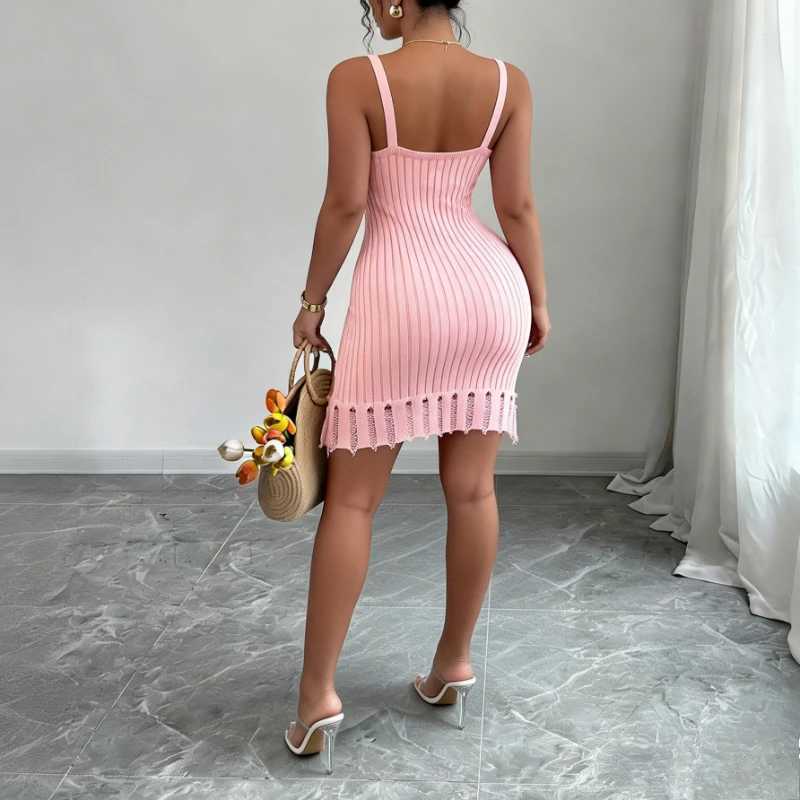 Womens Pink Spaghetti Strap Sleeveless Sundress Stretchy Ribbed Knit Distressed Letter Bodycon Mini Dress Summer Party Dress M260326