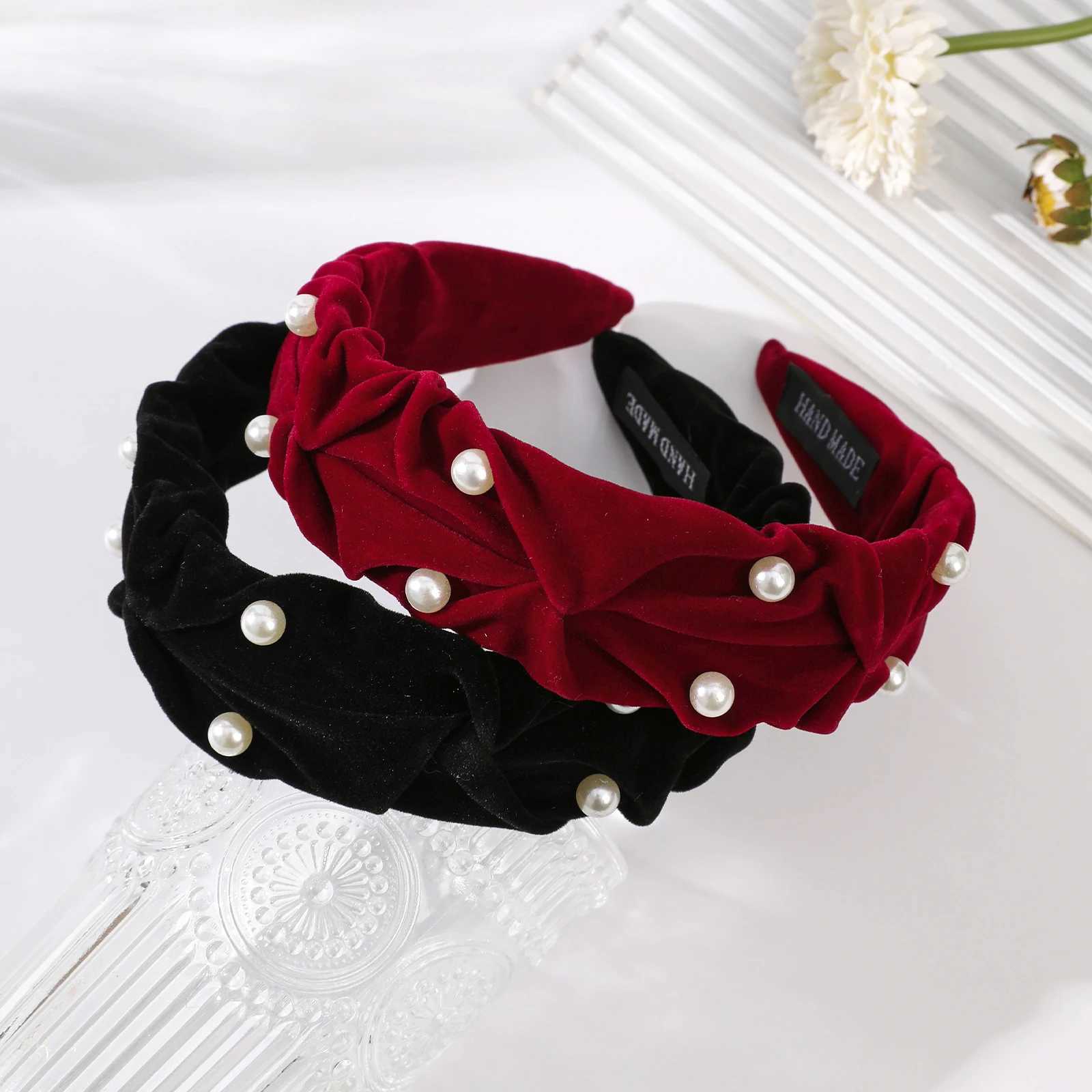 Velvet Pearl Headband Korean Women High Skull Top Retro Hair Hoop Hairband Showing Face Girl Elegant Headdress Party Hairpin D260326