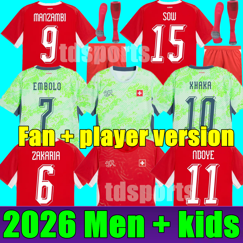 2026 World Cup National Team Switzerland Soccer Jerseys ELVEDI AKANJI ZAKARIA RIENER EMBOLO SHAQIRI SOW Home away Football Shirts Men kids kit Fans player version