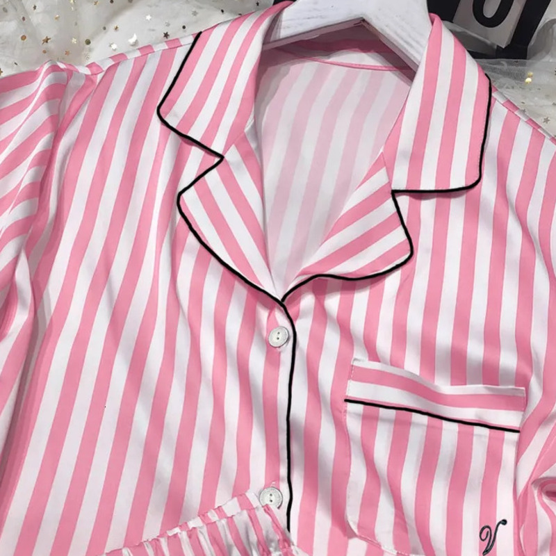 Women's Pajama Set Summer 2 Piece Short Sleeve Synthetic Silk Satin Soft Stripe Printed Home Clothes