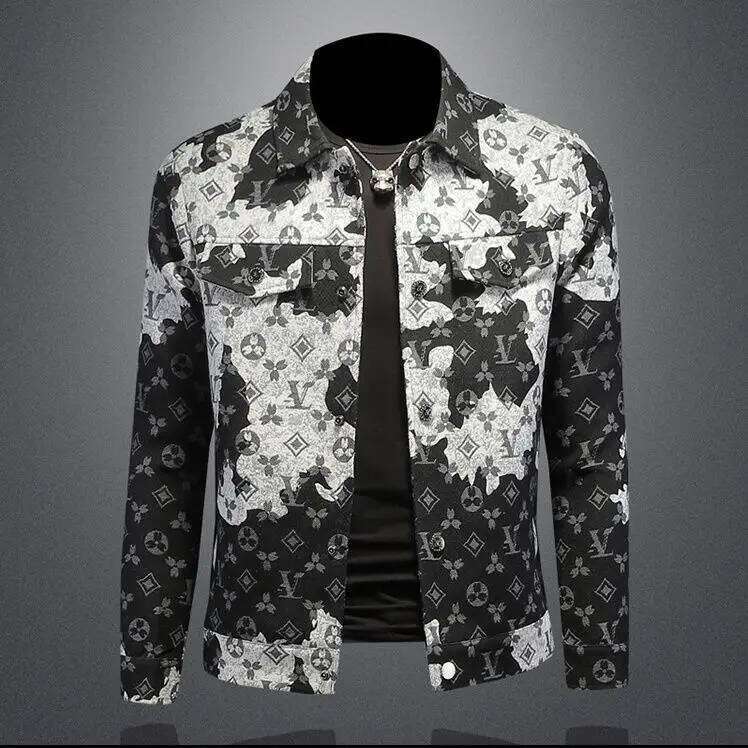 Men's Spring Autumn Denim Ins Middle-Aged And Young Casual Jacquard Jacket European Station Men's Trendy Top