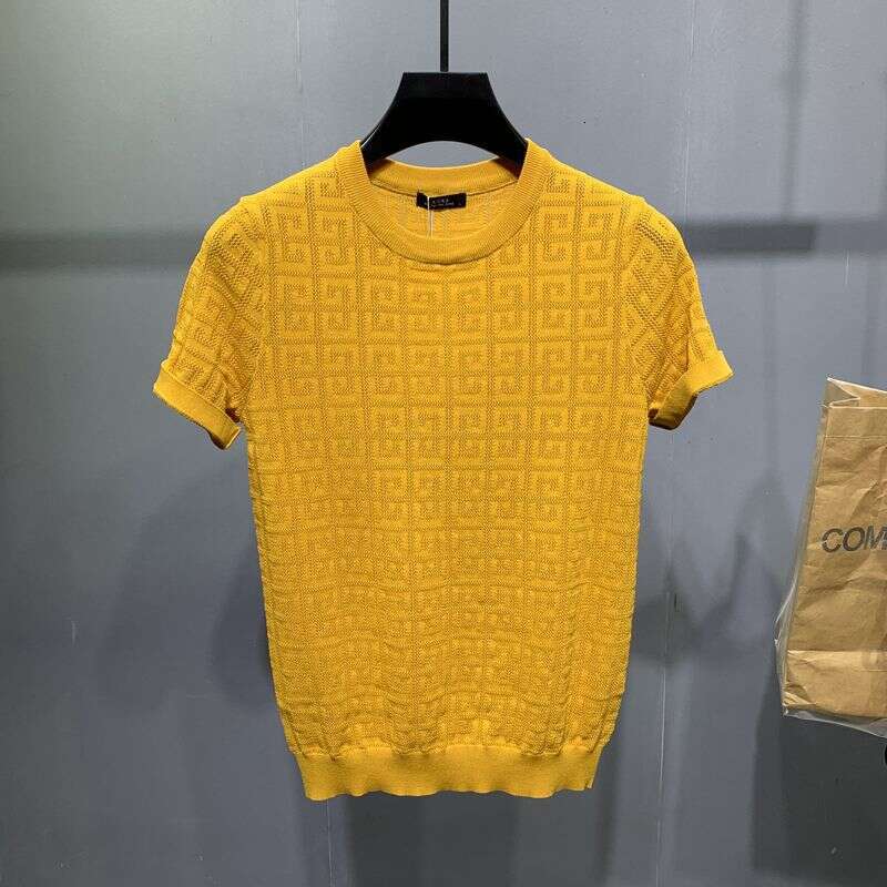 2026 Summer New Arrival Mens Slim Fit Round Neck Knit Short Sleeve T-Shirt Fashionable Ins Trend Hollow Out Solid Color Top Asia Size