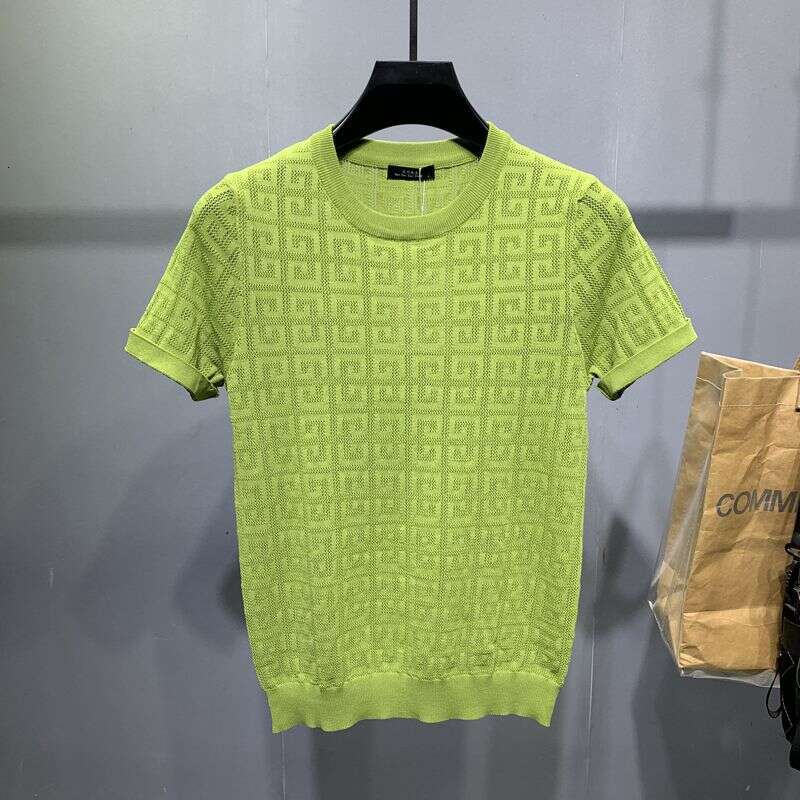 2026 Summer New Arrival Mens Slim Fit Round Neck Knit Short Sleeve T-Shirt Fashionable Ins Trend Hollow Out Solid Color Top Asia Size