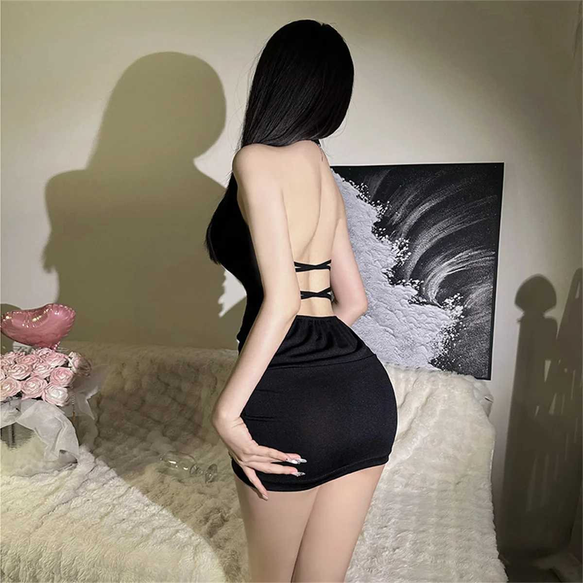 Women Sexy Halter Backless Slim V-neck Wrap Black Party Night Mini Dress Summer Female Elegant Lace Up Dresses Camisole Dresses M260326