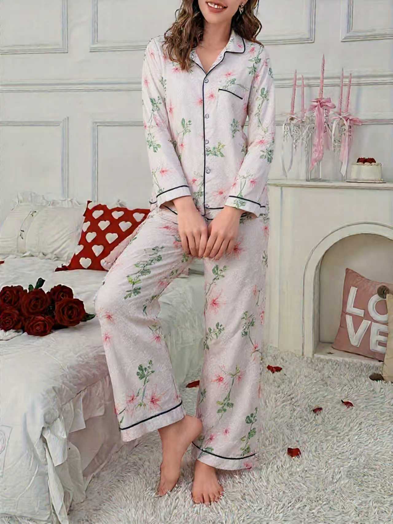 Elegantly Designed Female Pyjama Ensemble Breathable Material with Flowing Silhouette and Stylish Floral Design