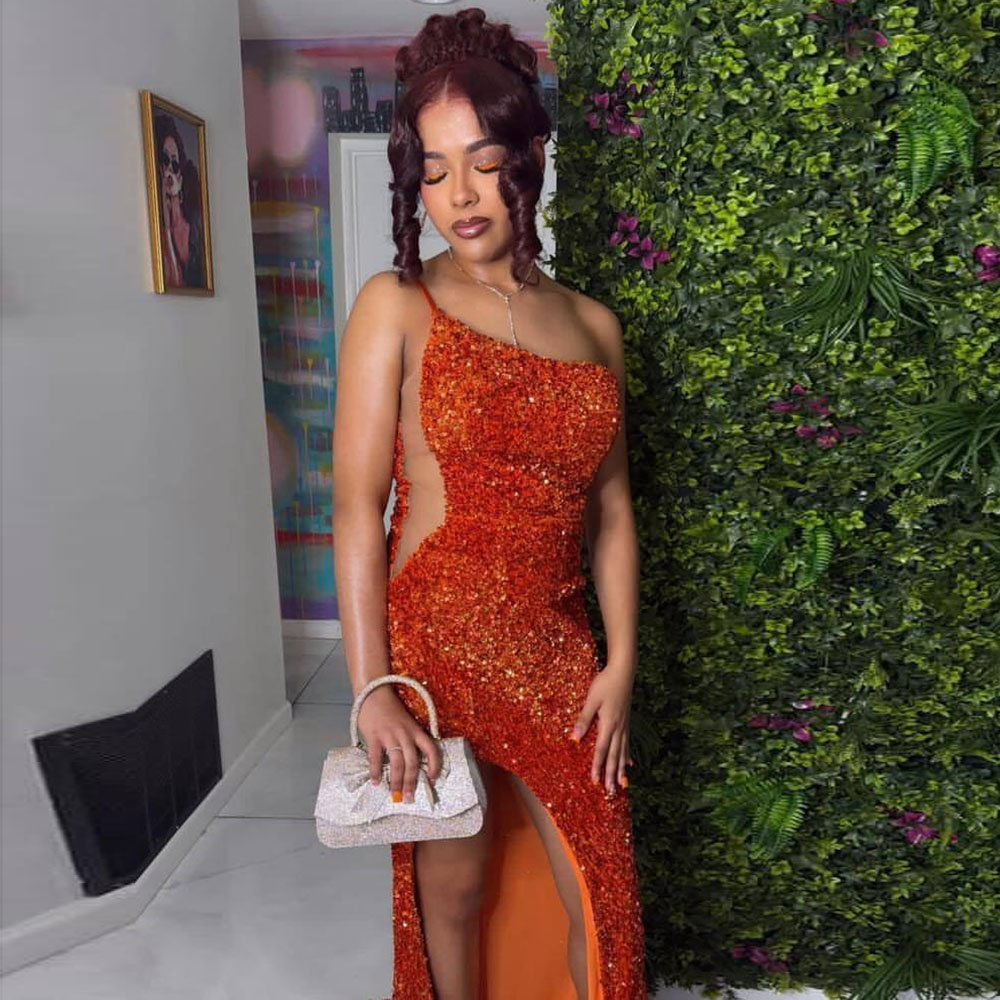 Bespoke Red Mermaid Prom Gown Sequined Sparkly Sexy Banquet Sexy Evening Formal Dress Slit One Shoulder Customized