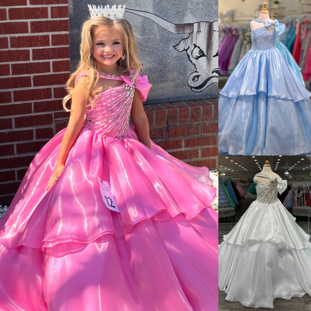 Miss Little Girl Pageant Dress Mirror Organza Bow Ballgown Layer Birthday Cocktail Party Gown Preteen Junior Miss On-Stage Showstopper Celebration Bubblegum White
