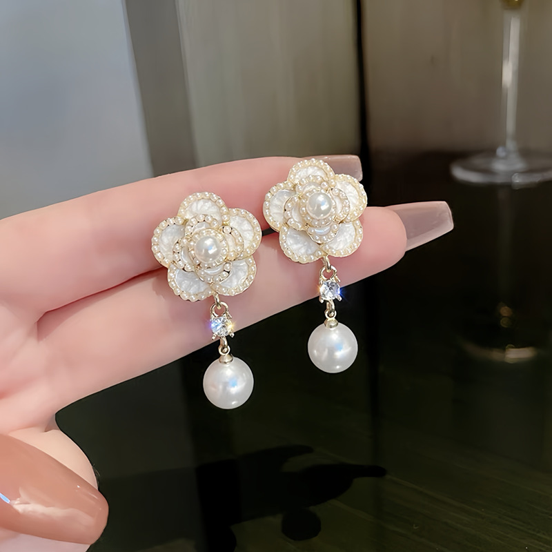 Luxury Brand Designer Jewelry New Korean Style Elegant Camellia Pearl Earrings For Women, High-End Fashion Versatile Floral Drop Earrings, -Inspired E
