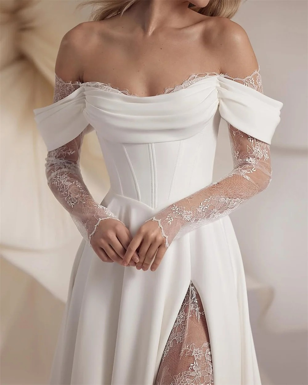 Elegant Off Shoulder Wedding Dresses A-Line Sheer Lace Long Sleeves Lace-up Back Bridal Gowns Customized vestidos de novia M26