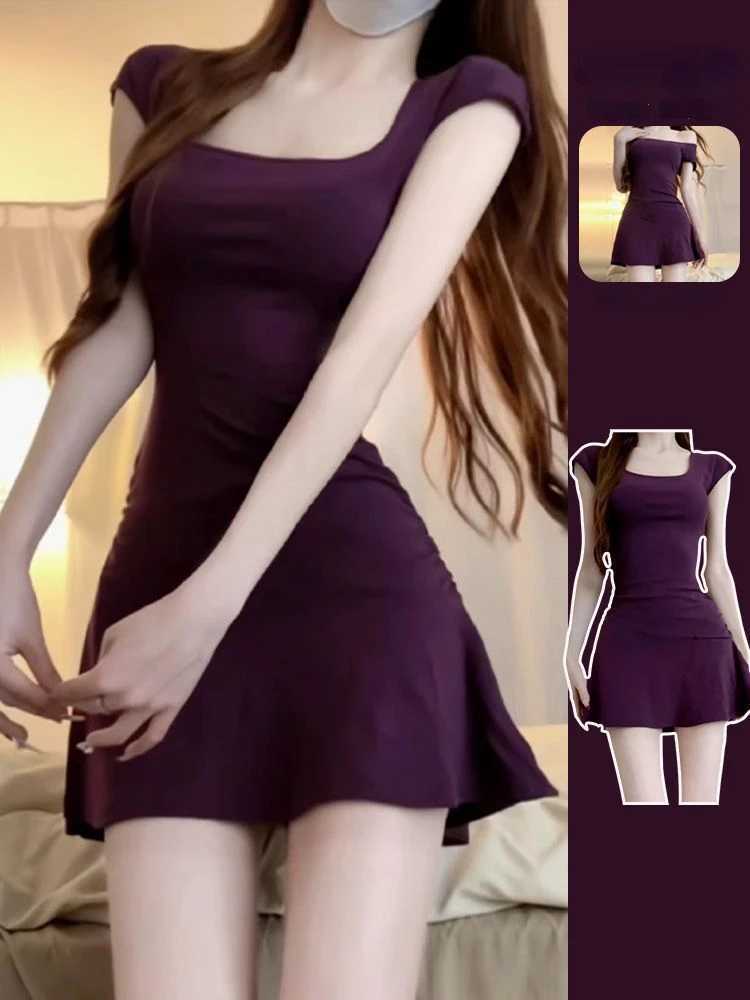 Spicy Solid Womens Short SLeeved Dress Summer Underlay Square Collar Temperament Waist Tight Wrapped Sexy Mini Dress M260326
