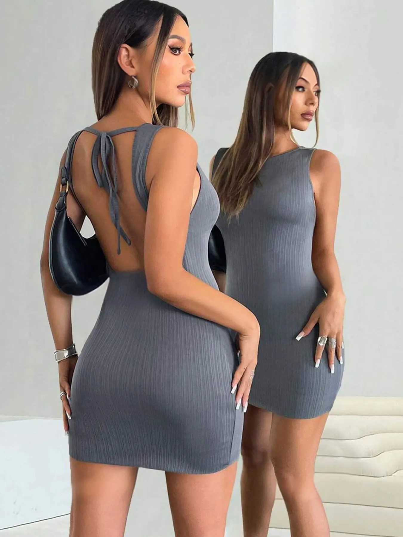 Womens solid color striped sexy backless sleeveless lace up dress M260326