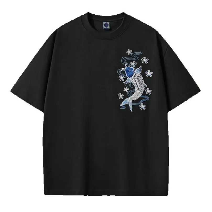 260g Heavy Embroidery Carp T-Shirt Men Summer Cotton Breathable Casual Tops Male Plus Size Short Sleeve Tee C260326