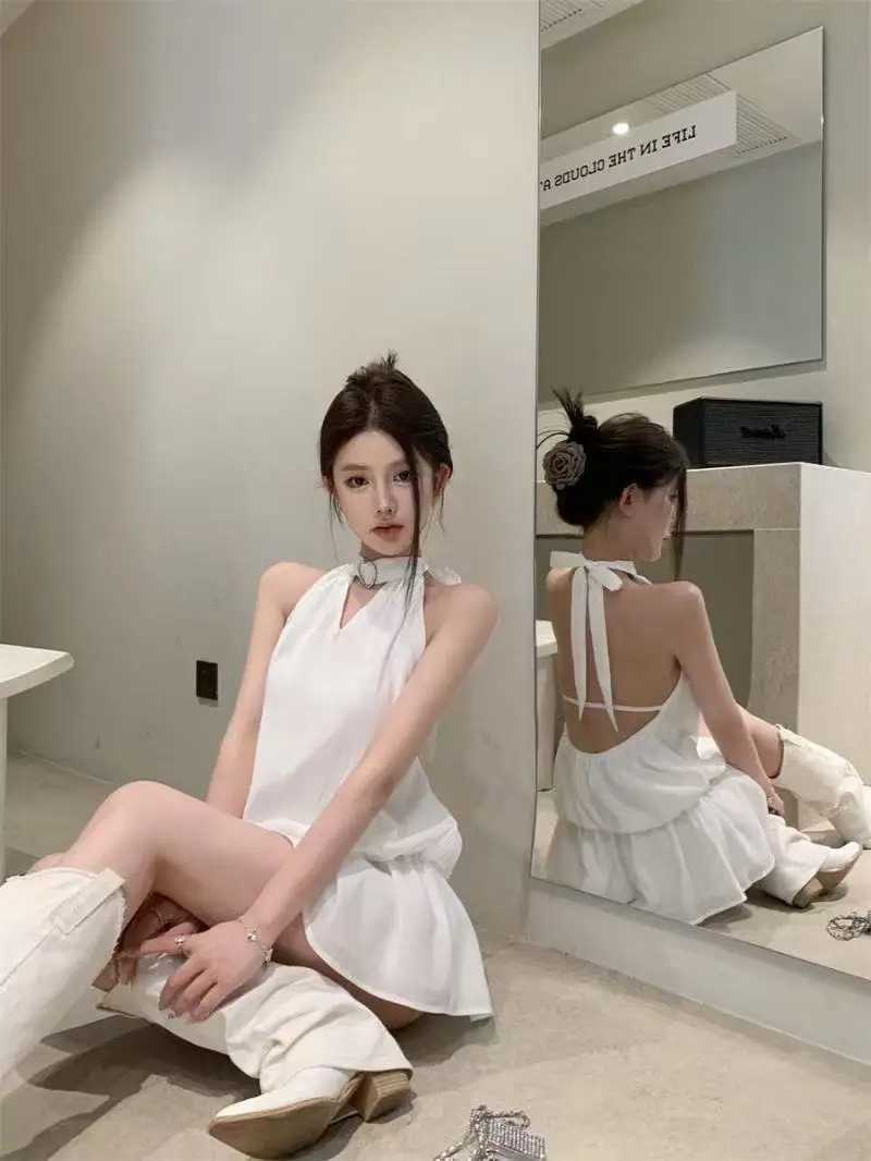 Y2Ks new solid-color halter-neck backless dress is a sexy elegant and slimming short skirt for women in summer M260326