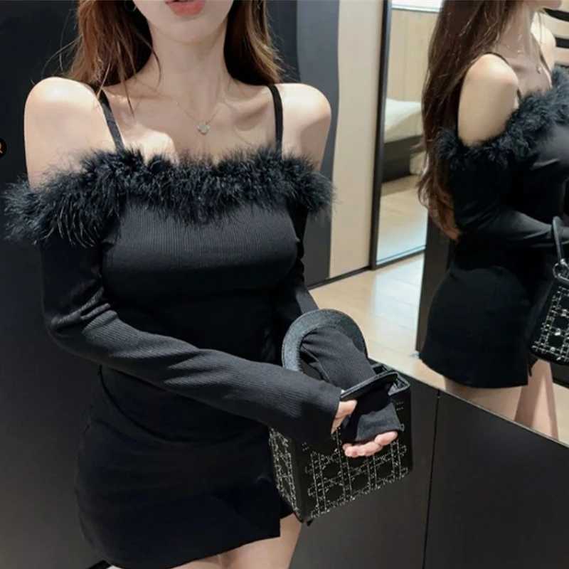 Dresses Women Sexy Faux Fur Collar Skinny All-match Basic Mini Ins Dress M260326