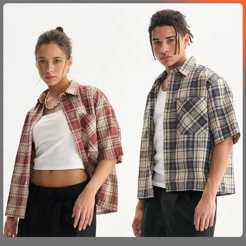 KF-126 Manufacturer Mens Flannel Shirts 100 Cotton Short Sleeve Cropped Boxy Plaid Button Up Casual Shirt for Man 260324 - view 6