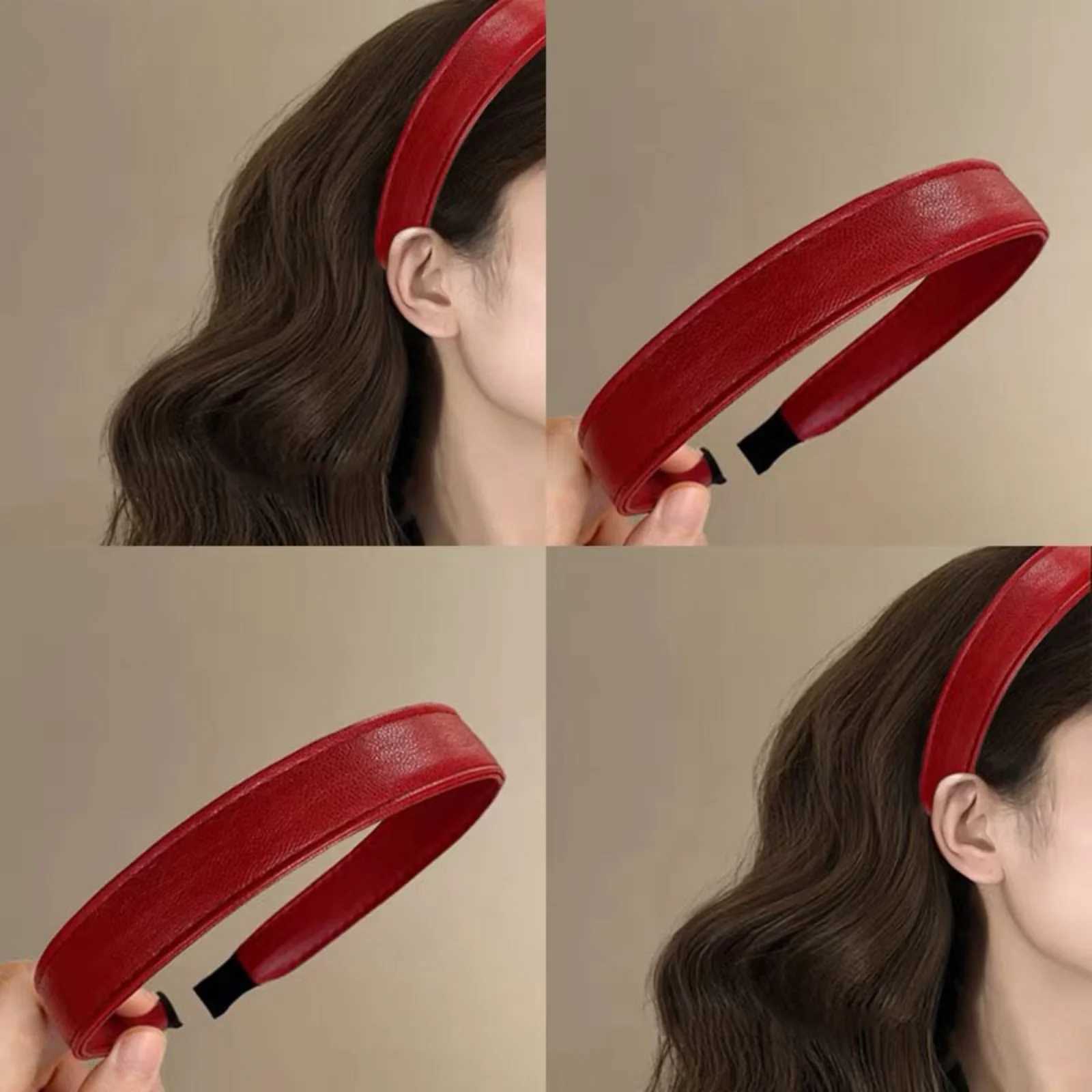 1Pc Retro Wine Red Leather Headband High-End Hair-Containing Hoop New Year PU Leather Korean-Style Travel Hair Band D260326