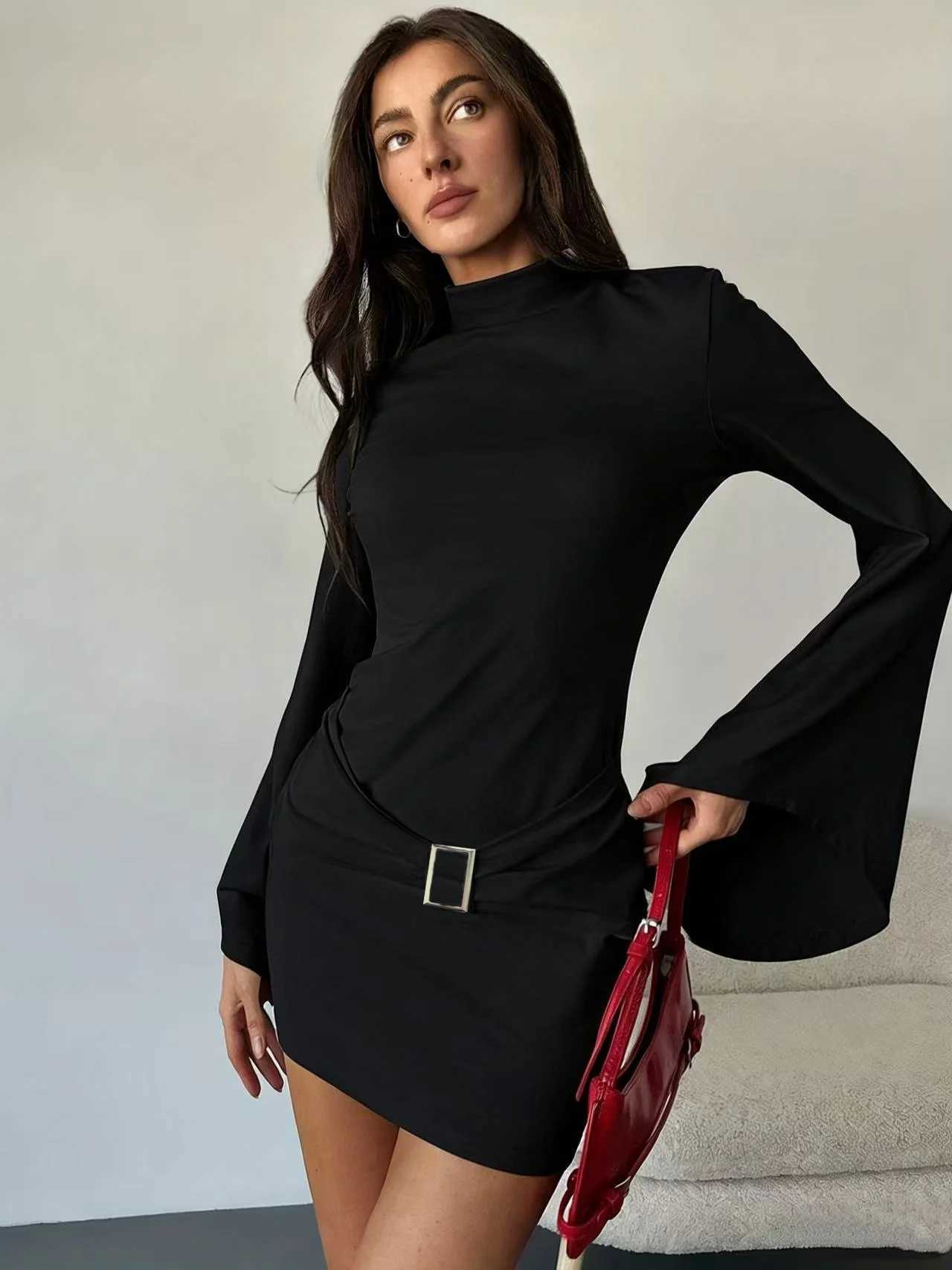 Womens Spring and Autumn Mini Tight Dress with Bell Sleeves Small High Neck and Metal Decorations M260326