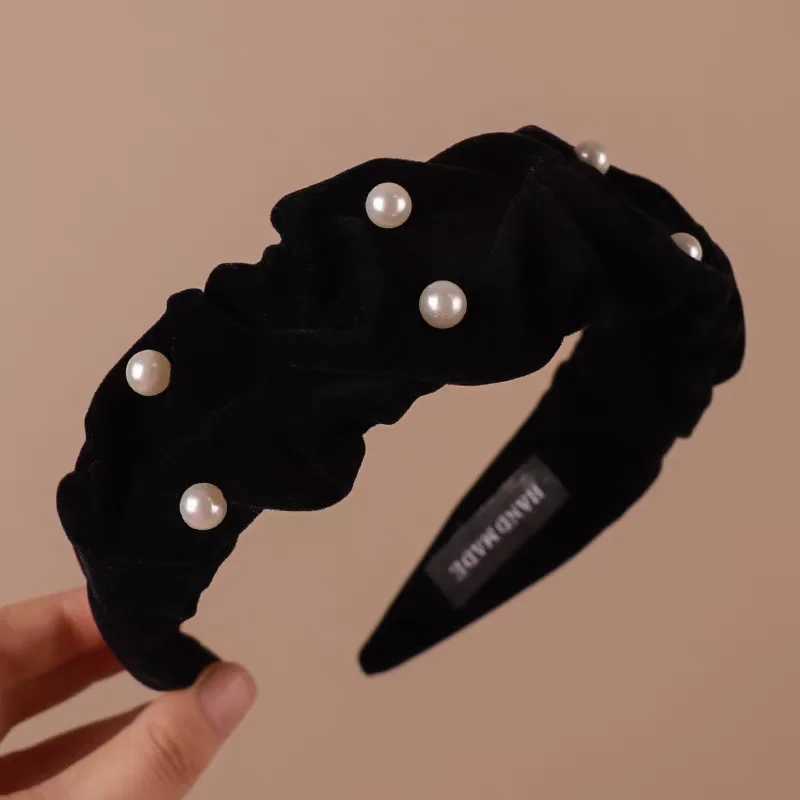 Velvet Pearl Headband Korean Women High Skull Top Retro Hair Hoop Hairband Showing Face Girl Elegant Headdress Party Hairpin D260326