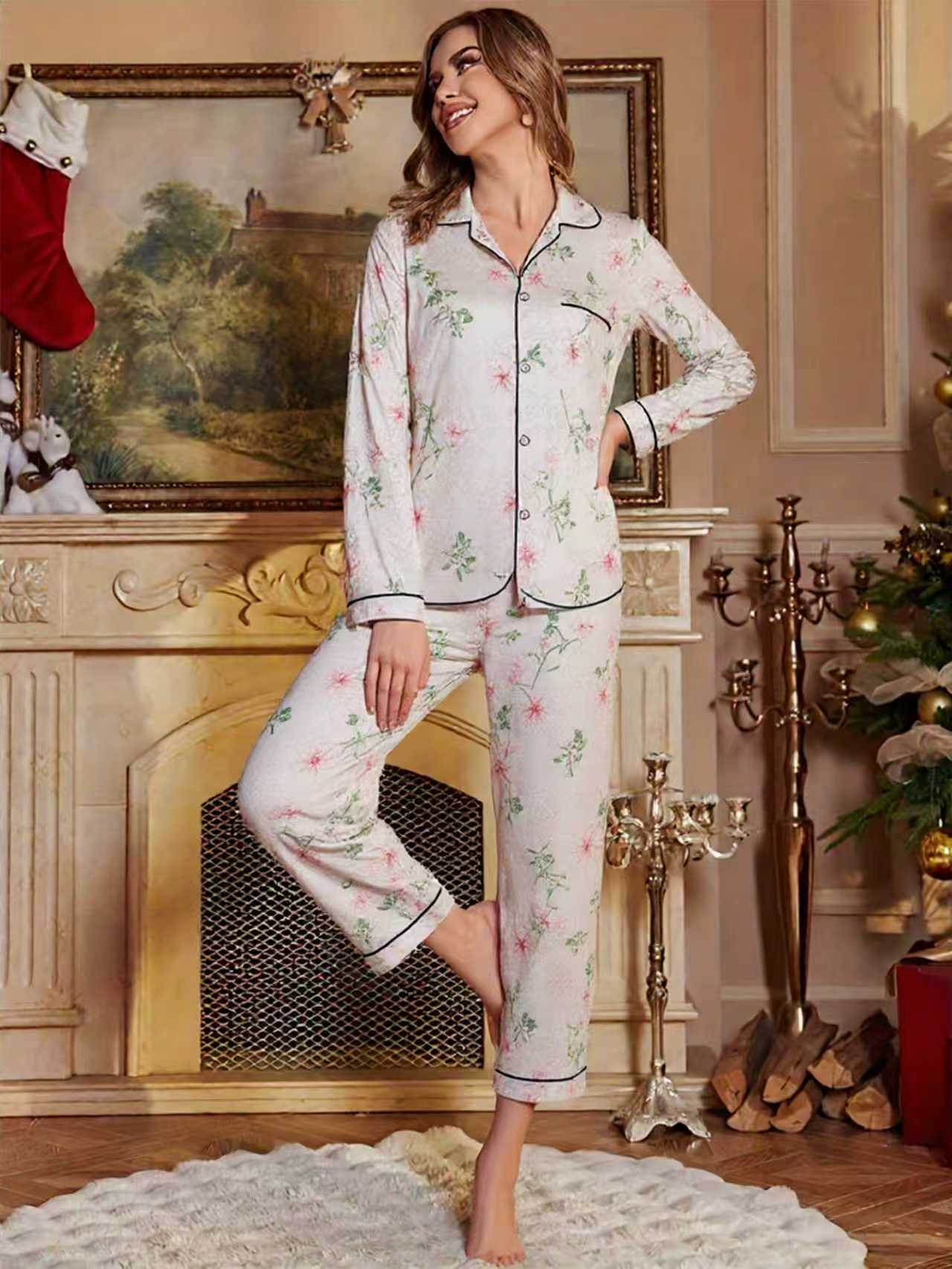 Elegantly Designed Female Pyjama Ensemble Breathable Material with Flowing Silhouette and Stylish Floral Design