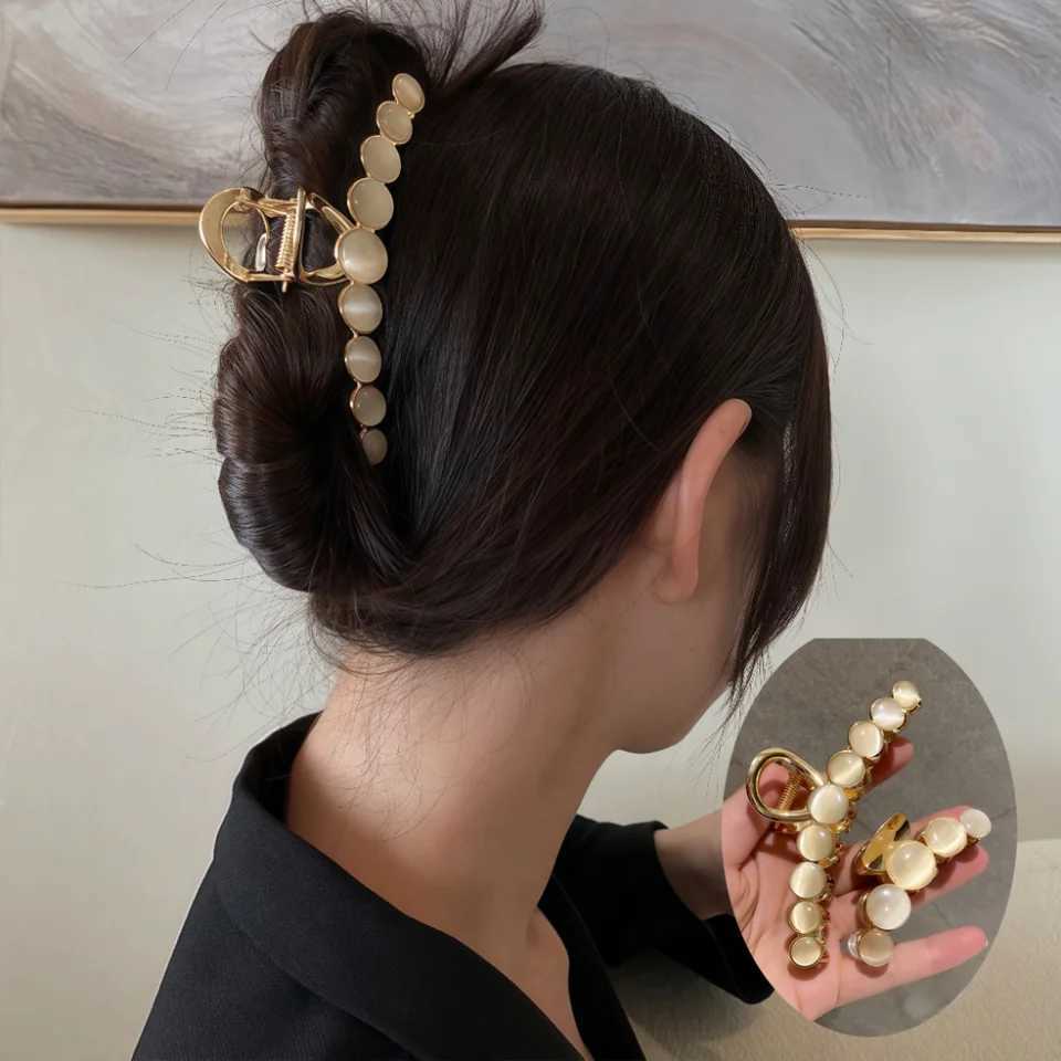 Metal Pearl Hair Clip Pins For Women Elegant Opal Stone Hair Claw Geometric Hollow Hairpins Vintage Barrette Hair Accessories H260326