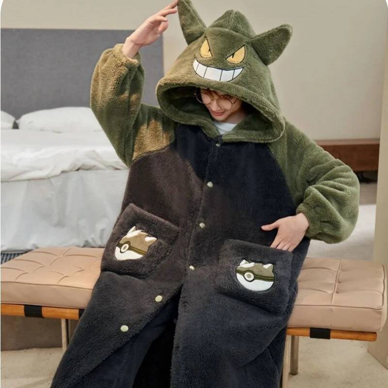 Gengar Winter Pajamas Suit Anime Pokemon Men Coral Fleece Nightgown Large Size Thicken Warm Cartoon Hooded Home Clothes Set Gift