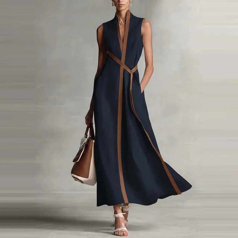 Summer Elegant V-neck Lace-Up Waist Maxi Dress Fashion Color Block Draped Long Dress Casual Slveless Cotton Linen Party Dress X260326