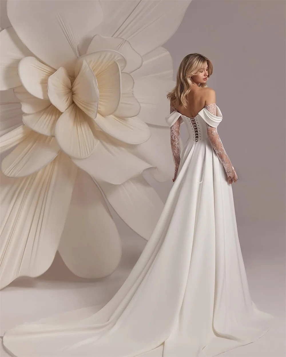 Elegant Off Shoulder Wedding Dresses A-Line Sheer Lace Long Sleeves Lace-up Back Bridal Gowns Customized vestidos de novia M26